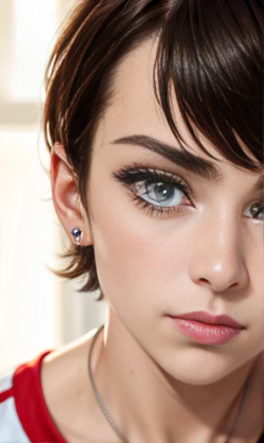 Photo of a 15-year-old European girl, .RAW, beautiful woman , modelo adolescente ,pecas en mejillas y pecho ,hermosos ojos azules(Light brown hair pixie haircut),corte de cabello pixie desalineado ((retrato)), ((Cara detallada:1.2)), ((Detailed facial features)), (Piel finamente detallada) ,lindo maquillaje, Purple eyeshadows on eyelids ,Un sexy(cool color), (Masutepiece) (proporciones perfectaotos realistas)(La mejor calidad), NffSW, (8k) (papel tapiz) (cinematic lighting) (Dramatic lighting) (sharp focus) (Enrevesado) , fondo variado , linda sonrisa, foto de cuerpo completo , posando para foto , gargantilla negra , aretes en forma de clip , maquillaje , ojos azules, labios rojos , sombra de ojos morada , viste ropa grunge , ropa de motociclista, sostiene guitarra electrica morada, chica alegre , foto de cuerpo completo , posing for the camera