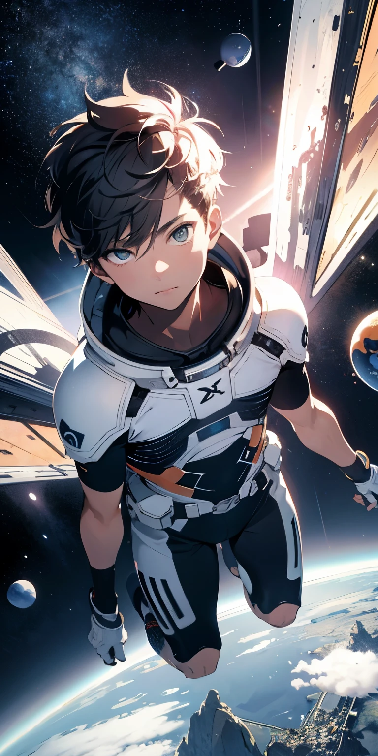 ridiculous resolution, high resolution, (masterpiece:1.4), super detailed, 1boy, seen from above, space, floating, --v 6