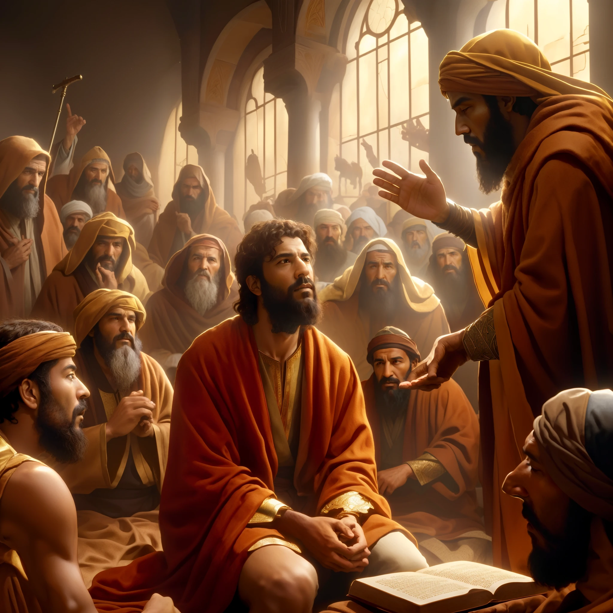 arafed image of a man sitting in a room with a group of men, bible illustration, biblical painting, epic biblical depiction, wearing brown robes, beautiful depiction, astonishing detail, omnious background, biblical art style, greg olsen, by Bernard Meninsky, biblical art, absolutely outstanding image, by Harrington Mann, beautiful image, sermon of philistine greed