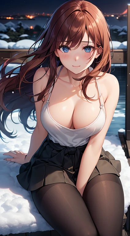 ((masterpiece, best quality, high resolution, ultra high definition, Pixel perfect, depth of field, 4K, RTX, human development report))), 1girl in, single, alone, Beauty、see whole body、 ((Long hair to waist, Short Liuhai, reddish brown hair)), ((blue eyes, beautiful eyelashes, realistic eyes)), ((Detailed face, blush:1.2)), ((smooth texture:0.75, lifelike质感:0.65, lifelike:1.1, Anime CG style)), medium breasts, Perfect body, ((White shoulderless sweater, exposing her chest, Fold skirt,Black tights)), A confident smile, Sitting sideways on a chair, Look down from above、(The wind is strong and blows my hair,exposed thighs、Black tights) , Night view hot spring,Snowy nights