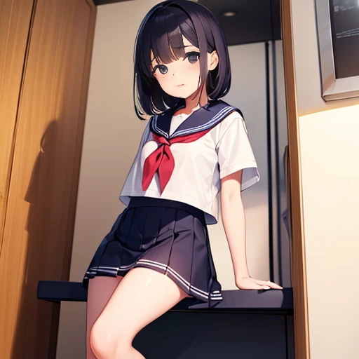 Top quality ultra-detailed CG art、Erotic、Very short miniskirt、high socks、White panty：１.２）、Black hair、big eye、Cold eyes、Mid summer、sixteen years old、red blush、Blue eyes、sexypose、Naughty Girls、Short stature、年轻、kawaii、World One、Mini skirt、Bet、White panty、A sexy、Angle from below、Summer Uniforms
