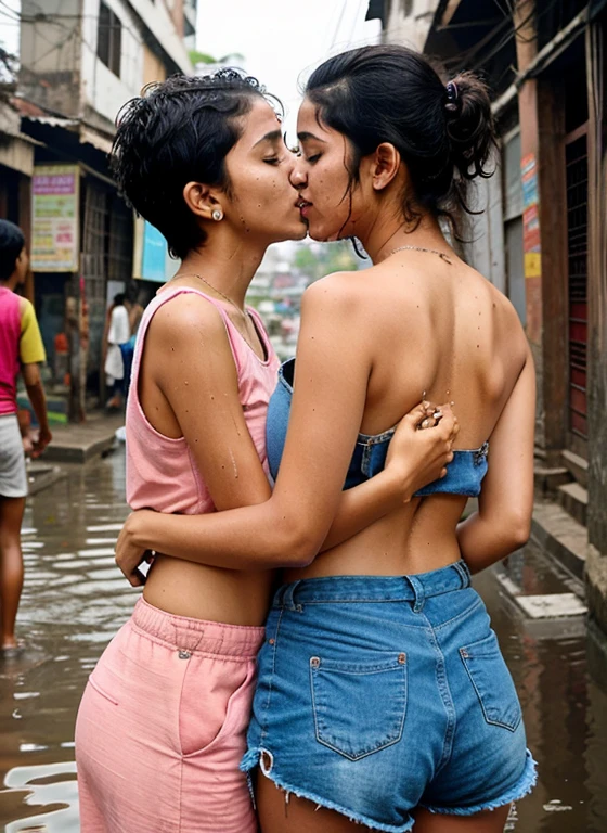 Teenage girl and her friend kissing near dharavi sum. Dirty butt.Wet. Short hair. Bindi. Back shot. Dirty body