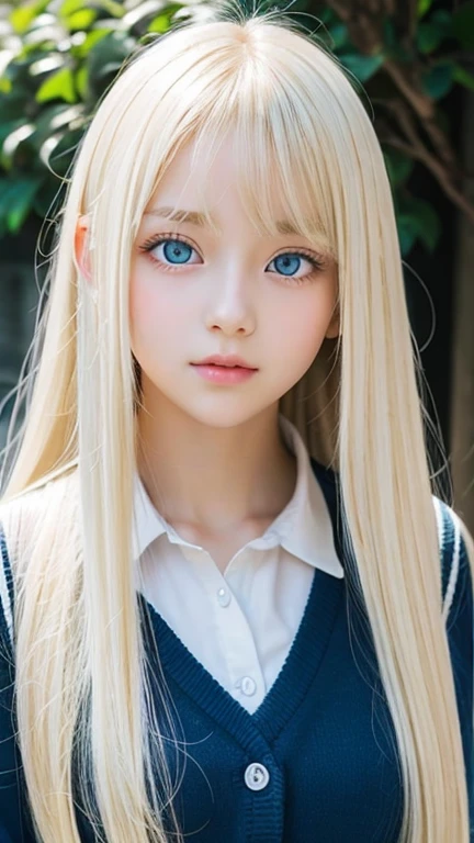 Portrait、school uniform、shy and bright look、ponytail、Young, shiny, white and bright skin、best beauty、The reflected light of blonde hair changes depending on the light source、super long hair、Platinum blonde hair with dazzling highlights、Shiny and bright blonde hair、super long silky straight hair、small face beauty、Shining beautiful bangs、Very beautiful, shining, clear, big light blue eyes、very big eyes、very beautiful lovely cute 16 year old girl、rich bust、