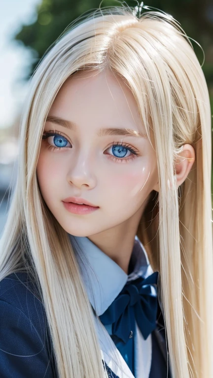 Portrait、school uniform、shy and bright look、ponytail、Young, shiny, white and bright skin、best beauty、The reflected light of blonde hair changes depending on the light source、super long hair、Platinum blonde hair with dazzling highlights、Shiny and bright blonde hair、super long silky straight hair、small face beauty、Shining beautiful bangs、Very beautiful, shining, clear, big light blue eyes、very big eyes、very beautiful lovely cute 16 year old girl、rich bust、