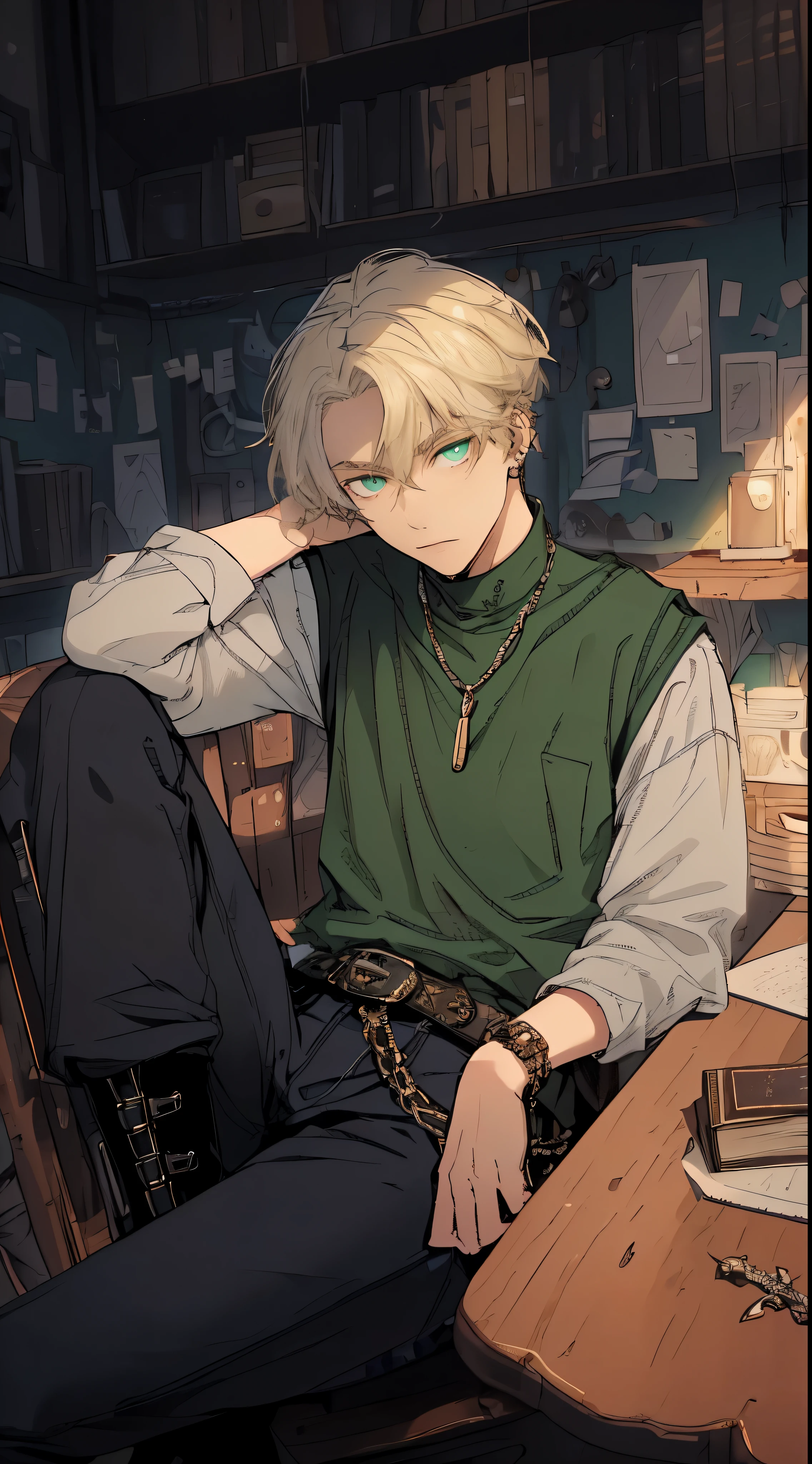 Handsome young man, sitting at the desk, short platinum blonde, narrow eyes, Snazzy, green sleeveless vest, white high collar shirt, chain accessories, military style medals, Light blue jeans, Black belt, The background is a stylish room, Angle that matches the character&#39;s line of sight,high quality, Amount to draw, pixiv illustration