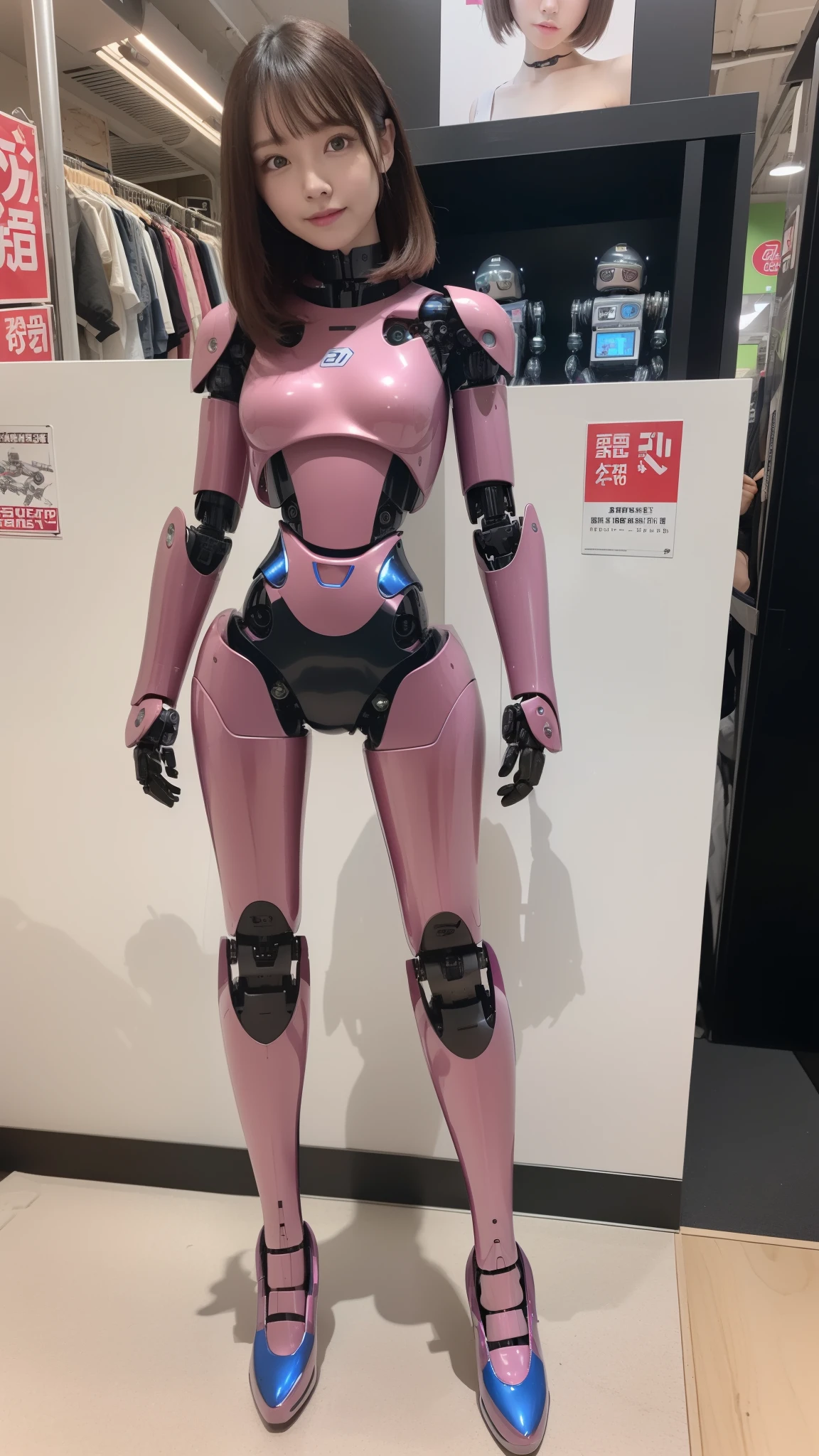 (Photorealsitic:1.4)、one robot woman、(top-quality)、(hyperdetailed face)、(Super well-formed face)、(Robot Parts)、(Female-Robot)、(25 years-old)、(Blue)、(pink there)、(Burgundy)、(metallic)、(full-body)、(sexy pose)、(Slender body)、(Model body type)、(full body mech)、(mechanical exposure)、(Akihabara)、(is looking at the camera)、(A dark-haired)、(Well-proportioned lady)、(a small face)、(a small head)、(well-groomed fingers)、(Idol)、(front facing)、(Standing with legs open)、(Photo session)、(Looks sad)、(perfect-female-robot)、(perfect-mechanical-body)