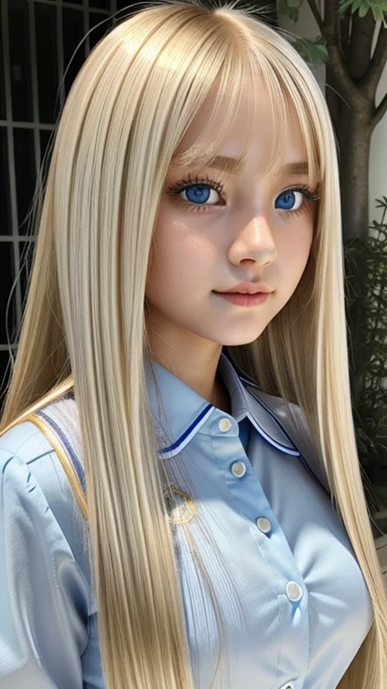 Portrait、school uniform、shy and bright look、ponytail、Young, shiny, white and bright skin、best beauty、The reflected light of blonde hair changes depending on the light source、super long hair、Platinum blonde hair with dazzling highlights、Shiny and bright blonde hair、super long silky straight hair、small face beauty、Shining beautiful bangs、Very beautiful, shining, clear, big light blue eyes、very big eyes、very beautiful lovely cute 16 year old girl、rich bust、