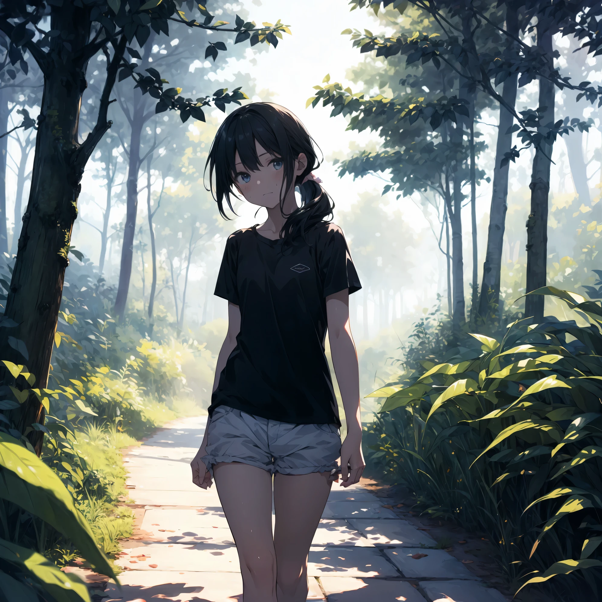 Super high quality by the art god, super detailed, High resolution,Fujichoco style, anime moe art style, best anime 8K konachan wallpaper, pixiv contest winner, perfect anatomy, break,(森をalone慎重に歩く女の子の絵を描きます. ),break, surreal beautiful girl, (alone,lolita, , :1.3),All limbs, full finger, androgynous charm, (ponytail), short bob cut, flat chest, , small ass, between legs, small eyes,beautiful and fine eyes, Well-proportioned iris and pupils, High resolutionの詳細な髪, wears round glasses, (Camisole Tops,shorts),have,bare border,sweating,warmer than usual, In the summer forest. break,super dense skin, Best lighting by famous artists, 8K, figure,