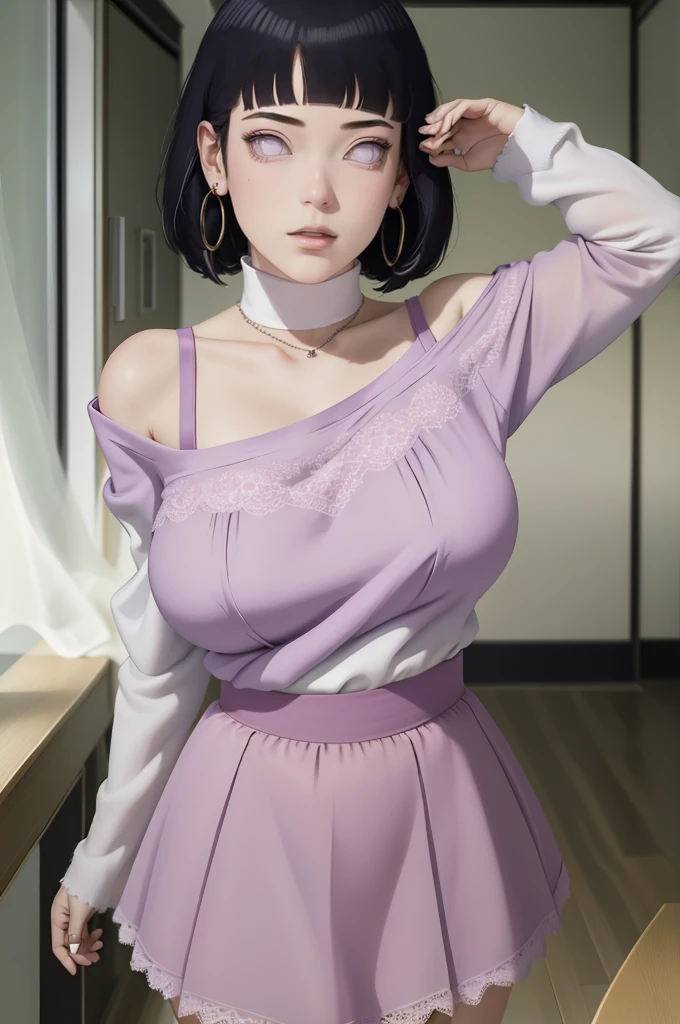 (masterpiece) (huge titusty, masterpiece, absurdres, hinata\(boruto\), 1girl, solo,mature female, off-shoulder bra, high waist short skirt, looking at viewelling petals), perfect composition, detailed lips, big breast, beautiful face, body propotion, blush, (pink lips), short hair, purple eyes, soft gaze, super realistic, detailed, photoshoot, realistic face and body, dancing lightly, lilac eyes, full body, lace clothes, with large hoop earrings