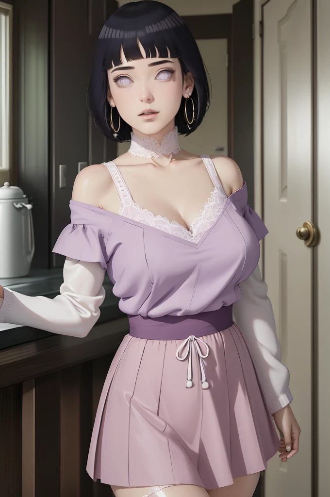 (masterpiece) (huge titusty, masterpiece, absurdres, hinata\(boruto\), 1girl, solo,mature female, off-shoulder bra, high waist short skirt, looking at viewelling petals), perfect composition, detailed lips, big breast, beautiful face, body propotion, blush, (pink lips), short hair, purple eyes, soft gaze, super realistic, detailed, photoshoot, realistic face and body, dancing lightly, lilac eyes, full body, lace clothes, with large hoop earrings
