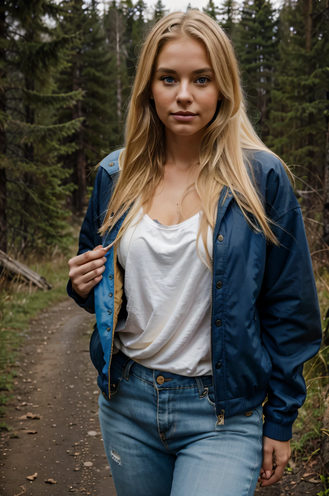 A photorealistic portrait of a 29-year-old American girl, full body, dirty_blonde_hair, striking_blue_eyes, outside hiking Oregon, jacket 