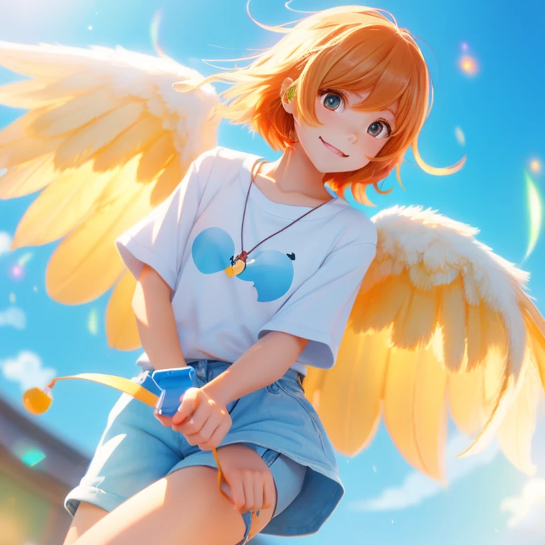 anime illustration、young angel flip phone、Orange light、Short hair with muted hair color、The blue sky turns yellow、kindness、