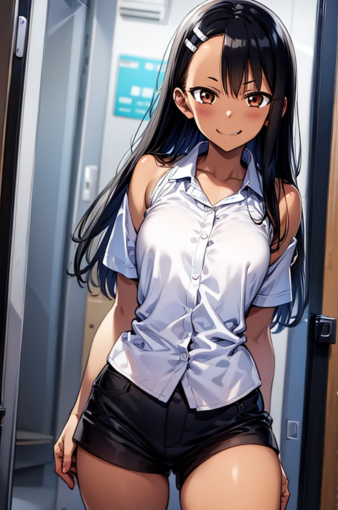 Nagatoro Hayase, 1girl, solo, long hair, looking at viewer, smile, breasts, city background, butt, bare shoulders, teeth, tight shirt, short sleeves, closed mouth, black t-shirt,portrait, shorts, skin tight outfit, seductive, realistic, best quality, masterpiece, ultra detail, ultra high res, extreme detail, 8k