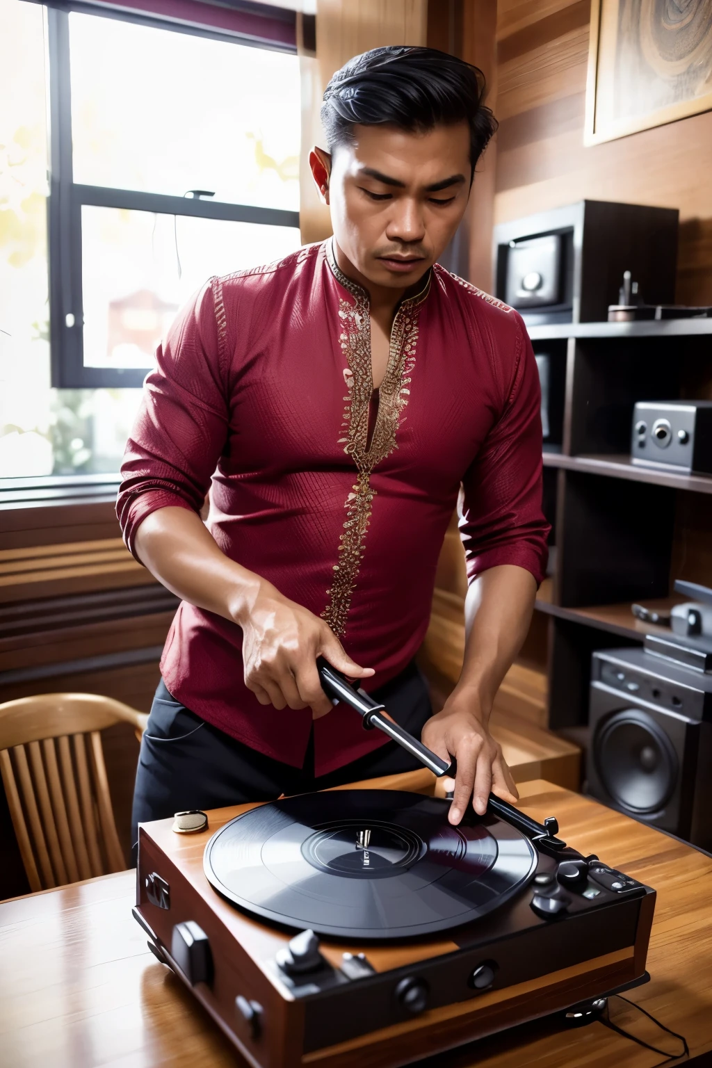 RAW, Best quality, high resolution, masterpiece: 1.5), Indonesian man with traditional attire, Masterpiece, turning on a vinyl record player, Biggest scoops on audio stereos, Bubbles floating in the room, 80s style decor,
(Photorealistic:1.5), (Retro:1.1), (Realistic:1.4), Sharp focus on man's face, Detailed textures on vinyl records, Warm lighting, Rich colors, Vibrant hues, Realistic reflections on stereo components, (Intricate details), Ray tracing on vinyl grooves, (Delicate details), ((Full