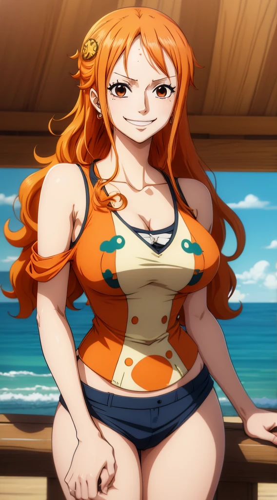 (ANIME ART STYLE) nami (ONE PIECE), with long orange hair, brown eyes, wearing  wano clothes , (wano arc) blush face, smiling.