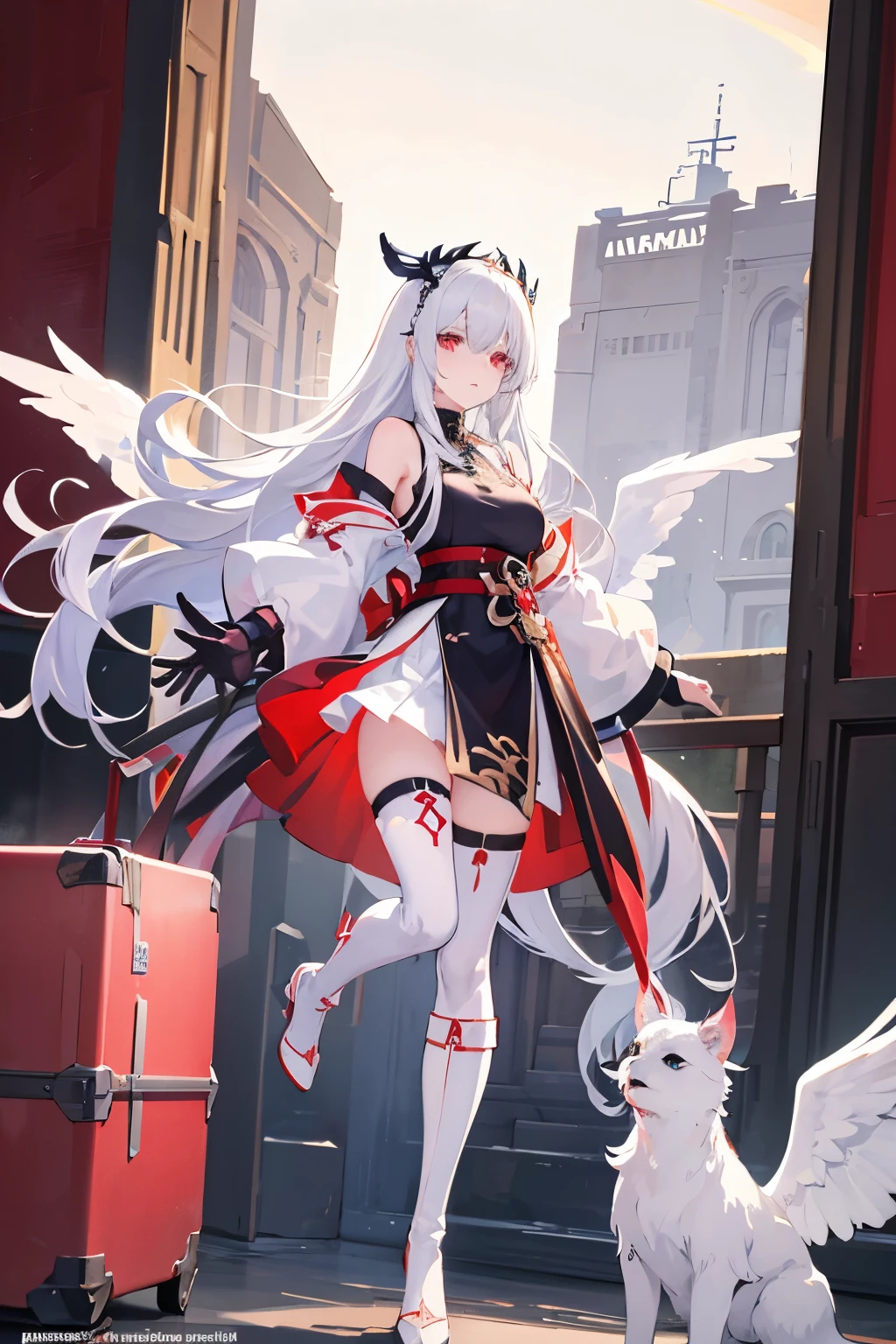 long white hair, red pupils, White strappy over-the-knee boots, White long gloves, White elbow length gloves, White high heel over the knee boots, White over-the-knee boots, belt, leg rings, (), , white dress, Anime characters standing in front of the window，long white hair and white wings, White-haired God, Trends in ArtStation Pixiv , Highly detailed official artwork, Starting from the night of the ark, Kusart Krenz Women in Critical Art, Detailed key animation art, Digital art on pixiv, 《Genshin Impact》Keqing in, Azure Lane风格, from《Azure Lane》Electronic games