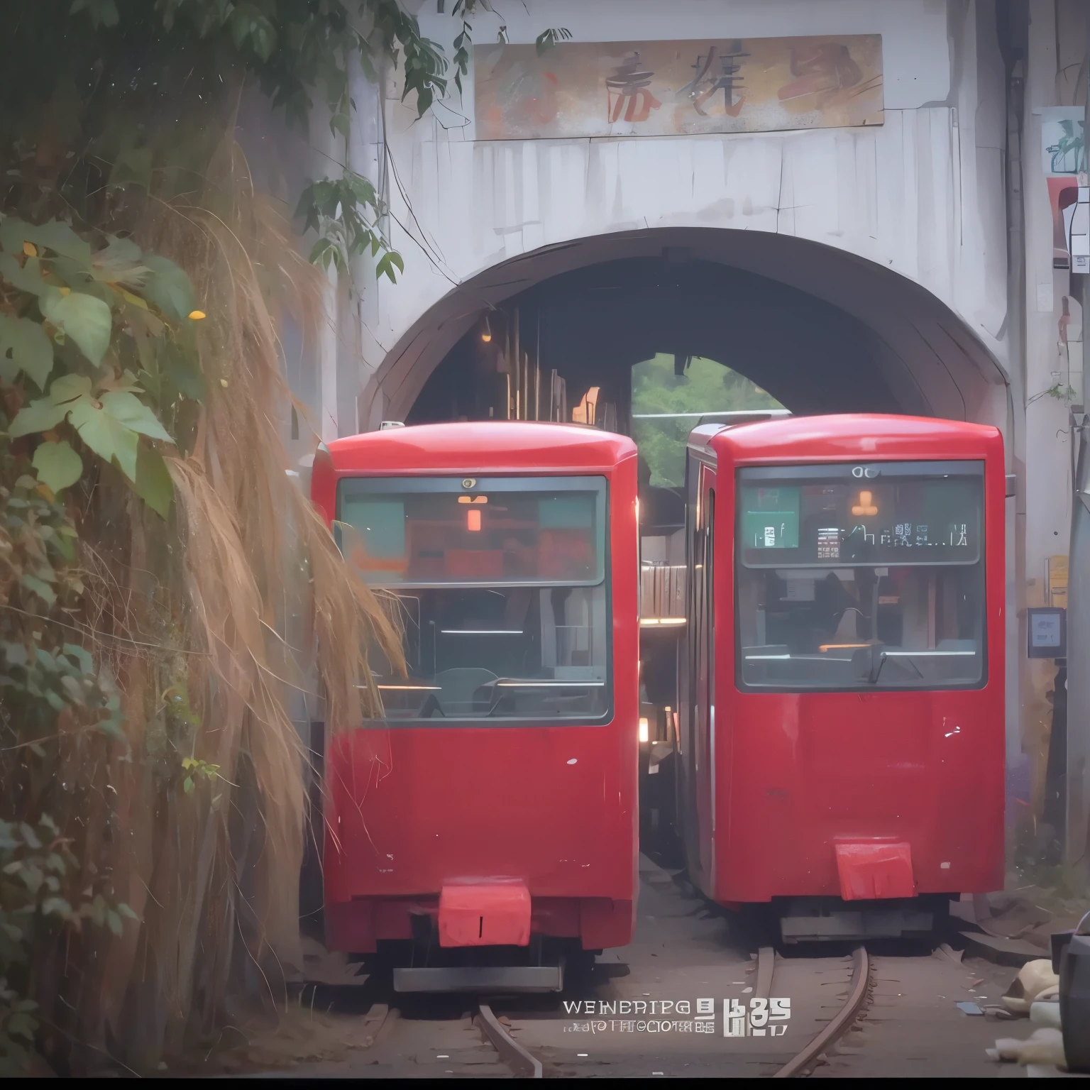 Two red subway trains are entering the tunnel, There are many flowers in the tunnel。