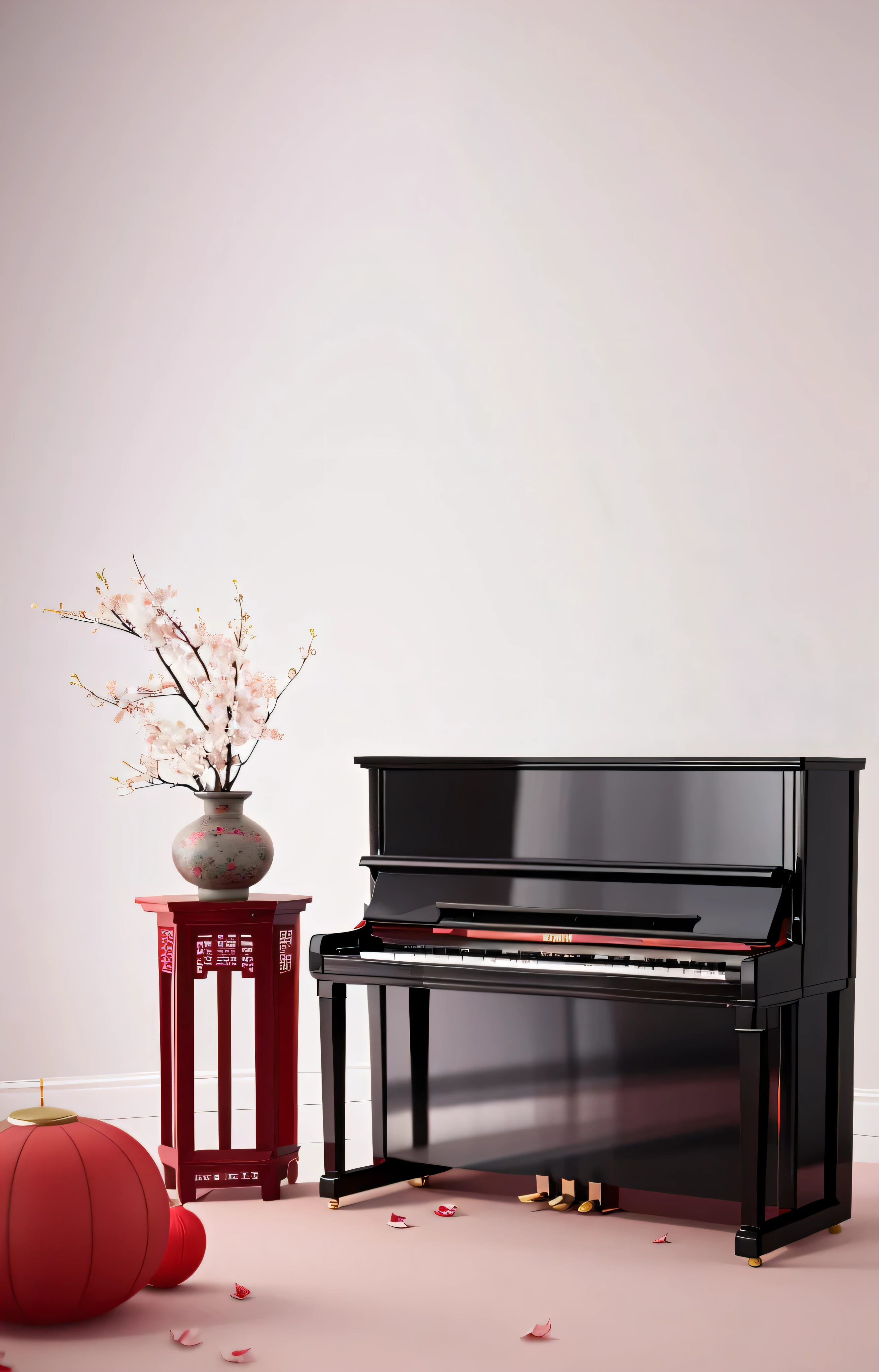 Red Lantern，upright piano，Chinese furniture，vase，peach blossom，c4d rendering，Perspective rendering，beautiful composition，High granularity，Rich in details