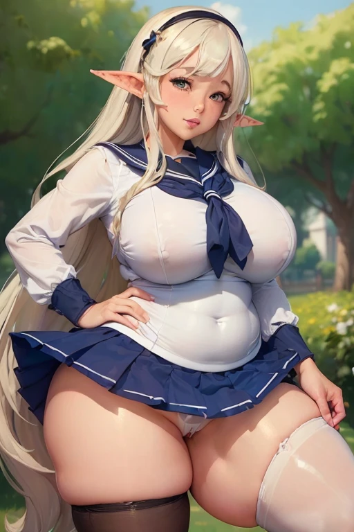 (masterpiece，highest quality，:1.4),housewife,extra limb,White Thigh Socks,micro mini skirt,(Micro Panties),thick thighs,chubby,droopy eyes,(Mature elves),((highly exposed)),exposed pubic hair,long hair,big breasts,big ass,shiny skin,sailor suit,((big areola)),(Chubby),