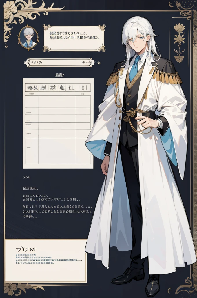 （masterpiece，best quality）detailed，People table，Q version，Character sheet，Lots of items（+detailed的物品内容，many parts），boys，Handsome，magician，long hair，adult man，Handsome的面容，metal accessories，Complex character design，light blue，full of details，whole body，vertical painting