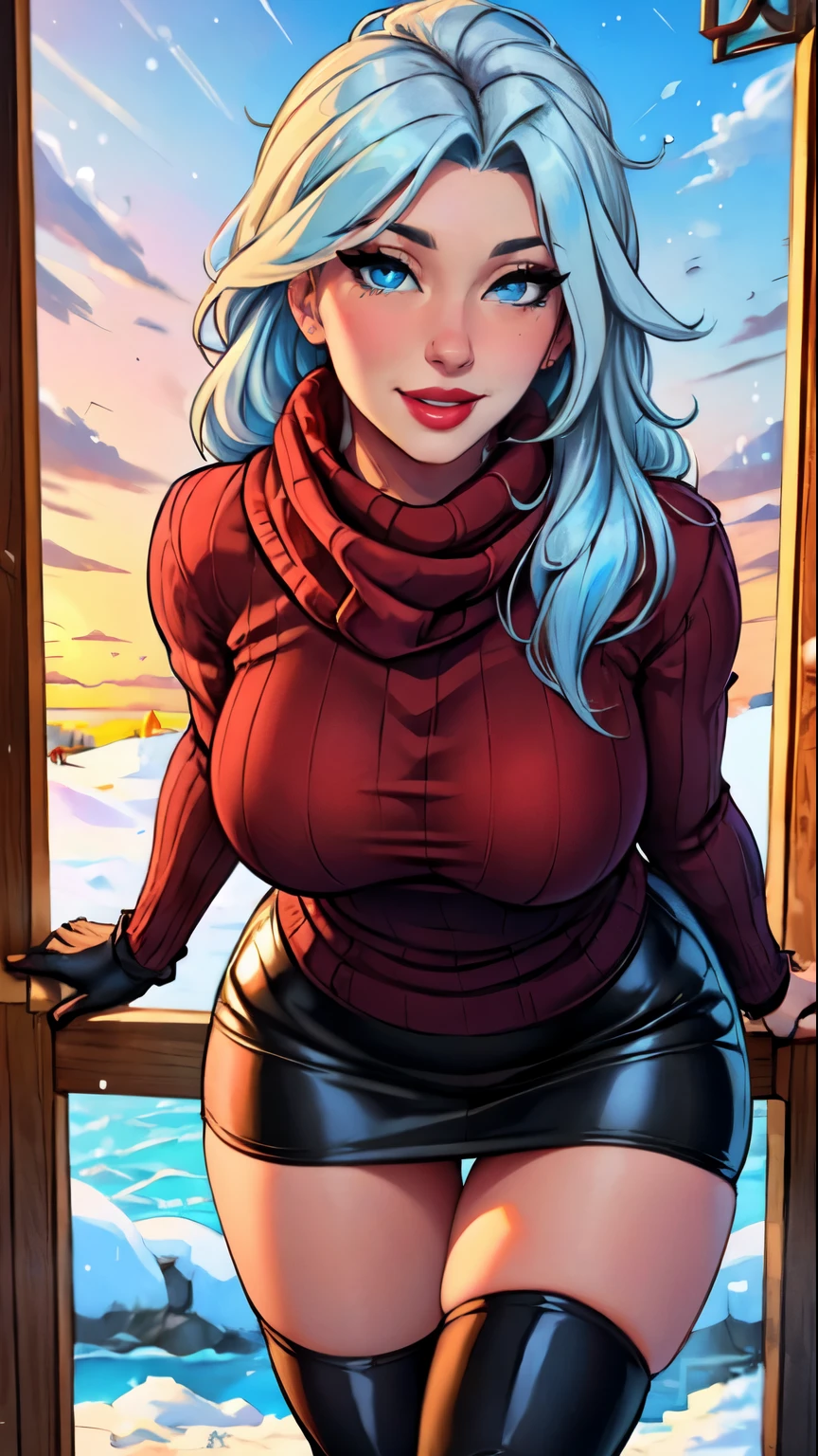 Masterpiece, raw,  beautiful art, professional artist, 8k, art style by sciamano240, very detailed face, very detailed hair, 1 woman, perfectly drawn body, beautiful face, long hair, light blue hair , very detailed blue eyes , rosey cheeks, intricate details in eyes, playful smile, looking directly at viewer , in love with viewer expression, lipstick, wearing cute winter clothes, winter coat, gloves, sweater, scarf,  short pencil skirt, thigh boots, sunny winter day, standing, pov with viewer, 