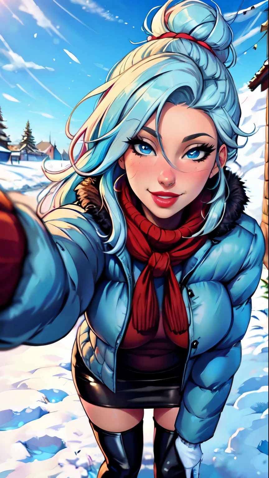 Masterpiece, raw, beautiful art, professional artist, 8k, art style by sciamano240, very detailed face, very detailed hair, 1 woman, perfectly drawn body, beautiful face, long hair, light blue hair , very detailed blue eyes , rosey cheeks, intricate details in eyes, playful smile, looking directly at viewer , in love with viewer expression, lipstick, wearing cute winter clothes, winter coat, gloves, sweater, scarf, short pencil skirt, thigh boots, sunny winter day, standing, pov with viewer,
