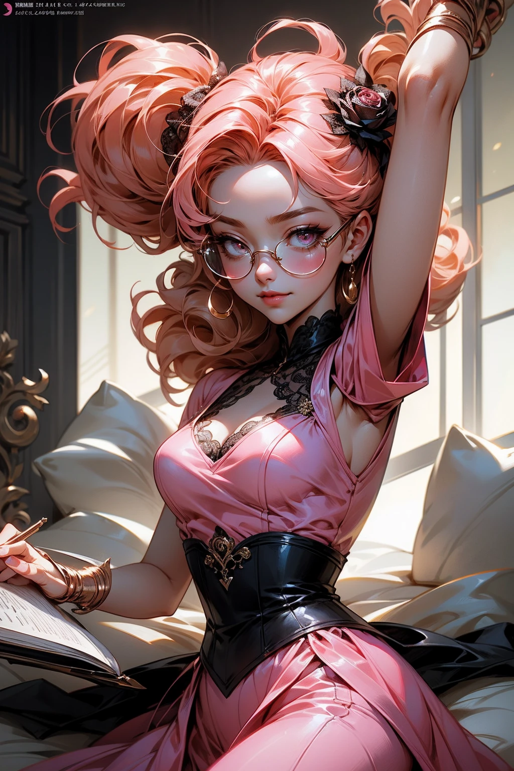 Anime girl tuxedo with curly rose gold hair and round gold glasses, rose gold eyes. Guviz style art, attractive detailed art style, Charlie Bowater Style, 1 7 - year - old cute anime girl, detailed manga style, detailed anime character art, germ of art. High detail, stunning manga art style. Rose dress. (pink dress) . Wearing rose gold Victorian clothing. Dancing, walking, drinking, reading, writing, lying, standing, on your back, dynamic poses, smile, closed mouth. Different Pose.