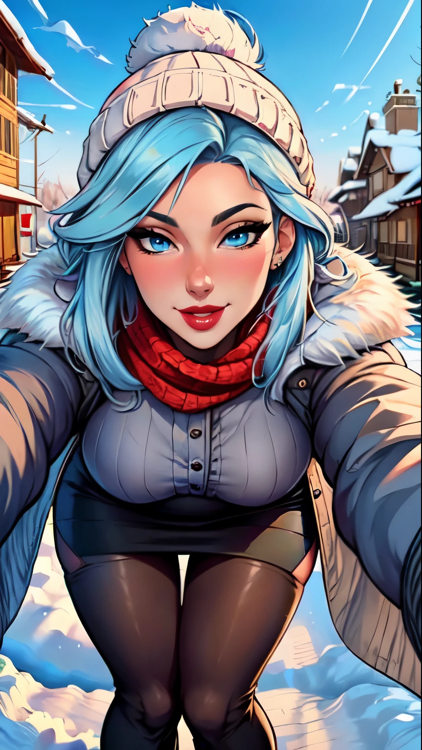 Masterpiece, raw, beautiful art, professional artist, 8k, art style by sciamano240, very detailed face, very detailed hair, 1 woman, perfectly drawn body, beautiful face, long hair, light blue hair , very detailed blue eyes , rosey cheeks, intricate details in eyes, playful smile, looking directly at viewer , in love with viewer expression, lipstick, wearing cute winter clothes, winter coat, gloves, pantyhose, sweater, scarf, short pencil skirt, thigh boots, sunny winter day, standing, pov with viewer,