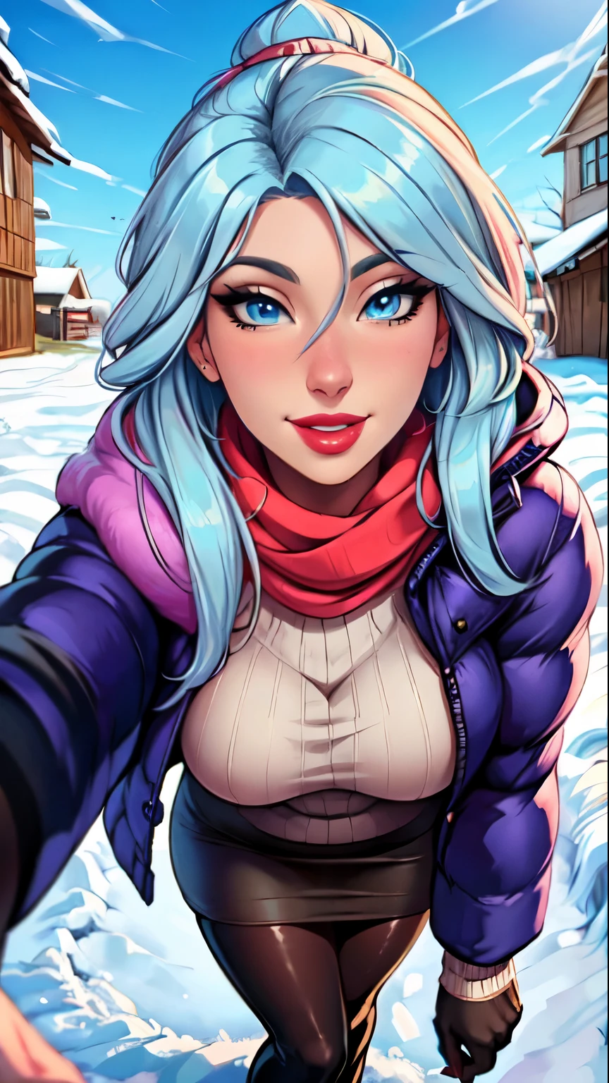 Masterpiece, raw, beautiful art, professional artist, 8k, art style by sciamano240, very detailed face, very detailed hair, 1 woman, perfectly drawn body, beautiful face, long hair, light blue hair , very detailed blue eyes , rosey cheeks, intricate details in eyes, playful smile, looking directly at viewer , in love with viewer expression, lipstick, wearing cute winter clothes, winter coat, gloves, pantyhose, sweater, scarf, short pencil skirt, thigh boots, sunny winter day, standing, pov with viewer,