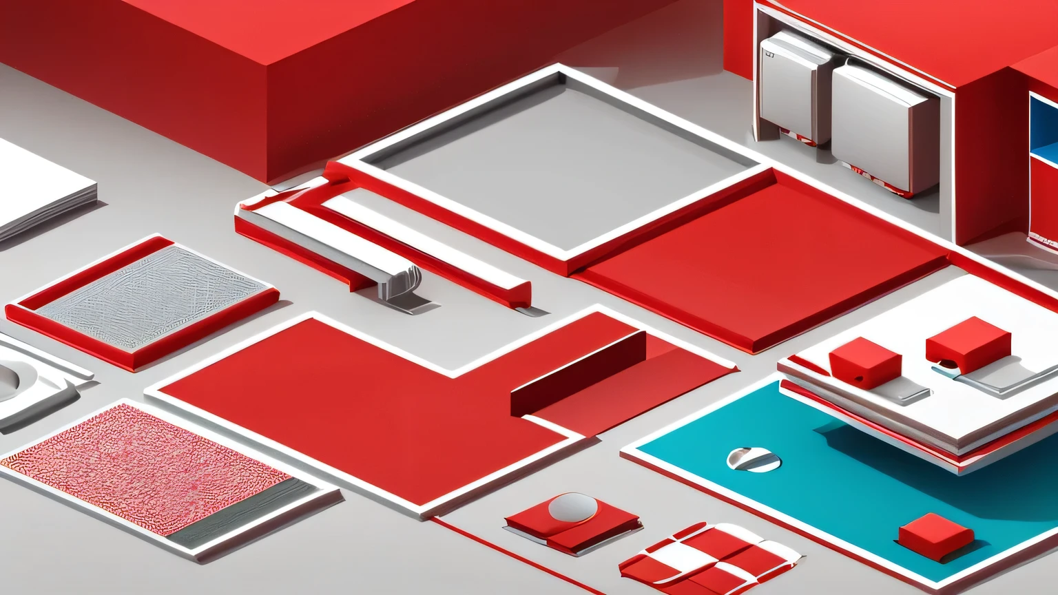 Style 2.5D, Isometric illustration, isometric drawing,  red and white color theme, Video production，Education and training，Immersive showroom，Isometric design, 预渲染的Isometric illustration形, Illustration infographic, Simple illustration, flat illustration, isometric invironment, red and white color theme, Video production，Education and training，Immersive showroom，