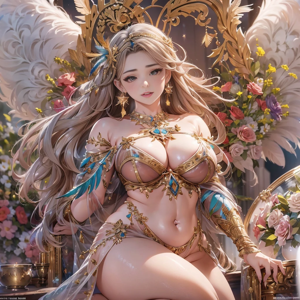 STAR、star、(Highly detailed CG Unity 8K wallpaper),(masterpiece), (最high quality), (super detailed), (best illustrations),(best shadow), (sharp eyeliner, eye shadow, fine eyes:1.1), (超High resolution,realistic,最high quality,realistic),(8K,RAW photo,最high quality,マstarプル),mature woman、sensual curves、huge breasts、thighs、bubble、お尻のmasterpiece, 最high quality, Super detailed, full body shot, mature woman, beautiful mature woman, nightgown and underwear, enchanting smile, thick lips, Chubby lips, blush, looking at the viewer, provocative expression, beautiful髪型, cleavage, Plump、curvy hips、attractive face、sexy lingerie、an inviting gaze、Expression of emotions、Lewd underwear、(((erotic see-through lingerie set)))、Standing position、gorgeous accessories 、big breastsの女性, bare shoulders, golden hair, colored feather, metal ornaments, colored flowers, particle, light, (masterpiece, 最high quality, 最high quality, official art, beautiful and aesthetic:1.2), (1 girl:1.3), very detailed,(fractal art:1.1),(colorful:1.1)、(flowers:1.3),most detailed,(zentangle:1.2), (dynamic pose), (abstract background:1.3), (shiny skin), (lots of colors :1.4), ,(earrings:1.4), (feather:1.4),masterpiece, 最high quality, Super detailed, 30~40 years, full body shot, beautiful 、various hairstyles，gold headband，plump breasts，beautiful butt，greek clothing，Tulle covers the breasts，perfectly proportioned, detailed clothing details,marble，god statue，cinematic lighting, film grain, Fuji color, 8K, masterpiece, Super detailed, high detail, high quality, High resolution,(((NSFW:1.2)))、exposed chest、Openwork decoration，(((see through dress)))、(((anatomically correct body))) , 最high quality, Super detailed, (((Lewd underwear)))、raise your butt, from below, (((R-18)))、Hakari、thighs, big breasts, Are standing, cowboy shot, blush, (((1 girl))), (masterpiece:1.3), (High resolution), (8K), (very detailed), perfect face, Nice eyes and face, (((最high quality))), (Super detailed), detailed face and eyes, (alone), High resolution、beautiful目,(((sexy pose)))、(((整ったbig breasts)))、((beautiful eyes))、luxury、(((超High resolution)))、(((detailed description)))、(((Chubby body type)))、(((Body parts that match the anatomy)))、beautiful長いまつ毛、well-balanced body shape、２book arm、2 feet、Just the right size for legs and arms、Fishnet tights、glamorous、(((Clear white and black eyes)))、lipstick、Sparkling、Undistorted face, eyes, and body、jewelry、gem