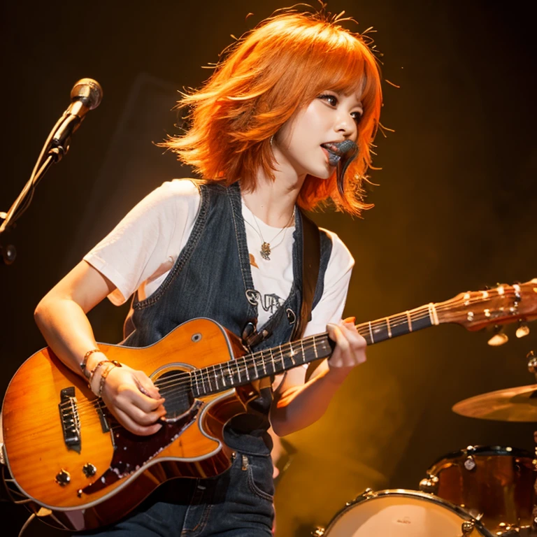 anime illustration、A woman who burns in battle、orange acoustic guitar、Short hair with muted hair color、orange layer on the side of the hair、black clothes、wearing a bracelet on his left hand、