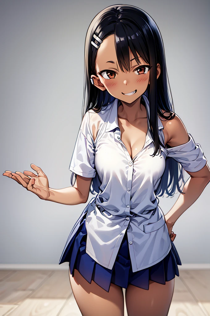 Nagatoro Hayase, 1girl, solo, long hair, looking at viewer, smile, breasts, city background, butt, bare shoulders, teeth, tight shirt, short sleeves, closed mouth, portrait, skin tight outfit,  outfit, short skirt, visible cleavage seductive, realistic, best quality, masterpiece, ultra detail, ultra high res, extreme detail, 8k