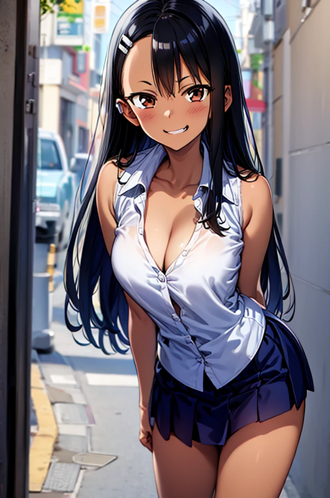 Nagatoro Hayase, 1girl, solo, long hair, looking at viewer, smile, breasts, city background, butt, bare shoulders, teeth, tight shirt, short sleeves, closed mouth, portrait, skin tight outfit, outfit, short skirt, visible cleavage seductive, realistic, best quality, masterpiece, ultra detail, ultra high res, extreme detail, 8k