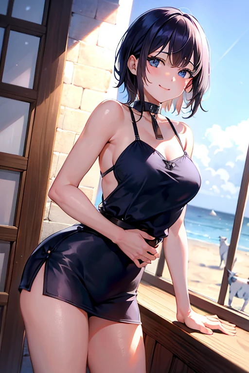 (matin), 1fille, Seulement, Regarder la visionneuse, hiver, tir de cow-boy, (CENTRE VILLE), tir de cow-boy, sourire, cheveux noirs