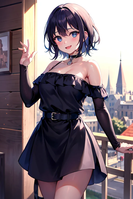 (matin), 1fille, Seulement, Regarder la visionneuse, hiver, tir de cow-boy, (CENTRE VILLE), tir de cow-boy, sourire, cheveux noirs