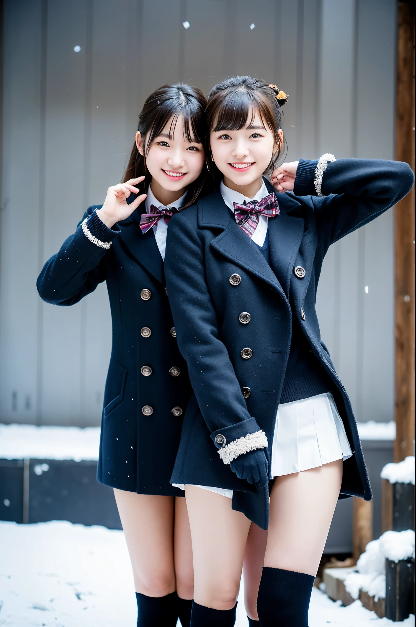 2 girls standing in snowy school yard,navy blue overcoat,plaid bow tie,18-year-old,bangs,a little smile,thighs,knees,short cut hair,low ponytail,from below,front-lighting