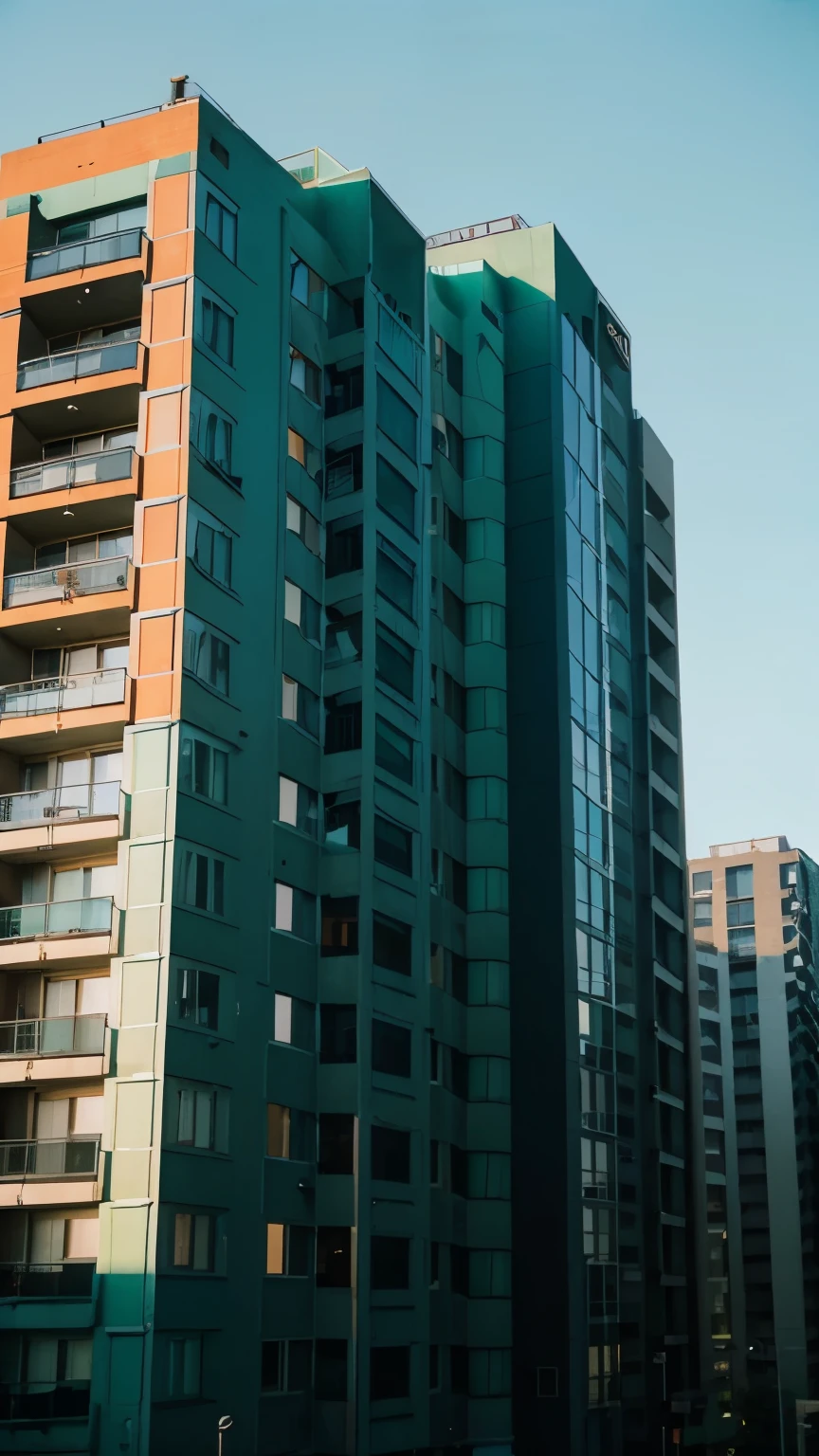 
a photography of a big apartment block building, front, green and blue colored, gregory crewdson, cinematic, playful repetitions, evening, Kodak Porta film emulation, light orange  --style raw --stylize 50