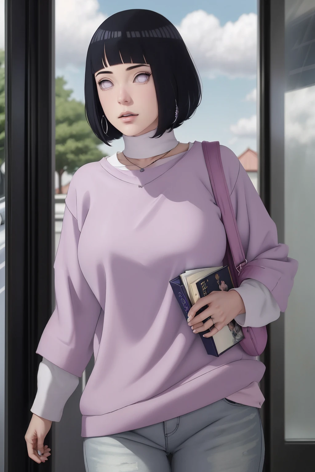 { -  error} (Masterpiece - Ultra-detailed, very high resolution) , absurdos, Hinata\(Boruto\), 1girl, sozinho,Mature female, Capuz roxo,mangas em camadas, jeans, ao ar livre, Cloudy sky, perfect composition, circunstanciado lips, peito grande, beautiful face, body propotion, corar, (pink lips), cabelos pretos curto (black hair), lilac eyes, olhar suave, super realistic, circunstanciado, rosto e corpo realistas, Realistic hair, olhos realistas, nariz realista, realistic lips, with large hoop earrings,  anime. Walking on the floor with lilac shoes.