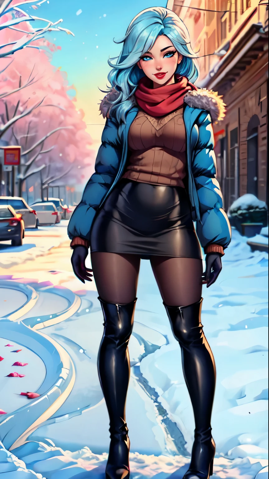 A woman in a blue jacket and black boots standing in the snow - SeaArt AI