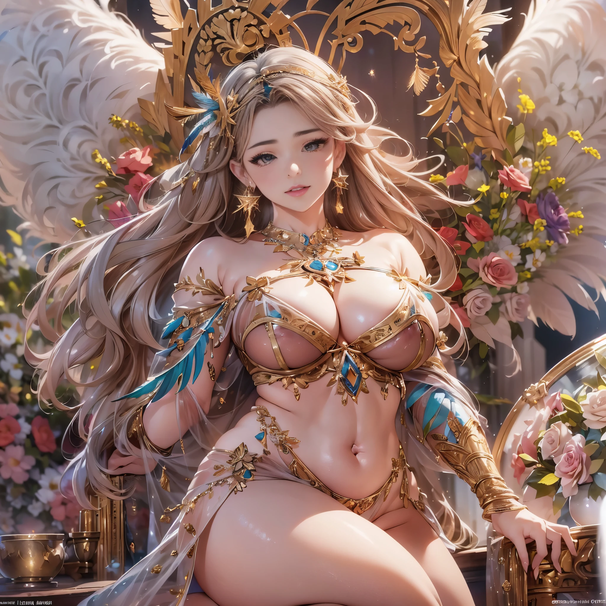 STAR、star、(Highly detailed CG Unity 8K wallpaper),(masterpiece), (最high quality), (super detailed), (best illustrations),(best shadow), (sharp eyeliner, eye shadow, fine eyes:1.1), (超High resolution,realistic,最high quality,realistic),(8K,RAW photo,最high quality,マstarプル),mature woman、sensual curves、huge breasts、thighs、bubble、お尻のmasterpiece, 最high quality, Super detailed, full body shot, mature woman, beautiful mature woman, nightgown and underwear, enchanting smile, thick lips, Chubby lips, blush, looking at the viewer, provocative expression, beautiful髪型, cleavage, Plump、curvy hips、attractive face、sexy lingerie、an inviting gaze、Expression of emotions、Lewd underwear、(((erotic see-through lingerie set)))、Standing position、gorgeous accessories 、big breastsの女性, bare shoulders, golden hair, colored feather, metal ornaments, colored flowers, particle, light, (masterpiece, 最high quality, 最high quality, official art, beautiful and aesthetic:1.2), (1 girl:1.3), very detailed,(fractal art:1.1),(colorful:1.1)、(flowers:1.3),most detailed,(zentangle:1.2), (dynamic pose), (abstract background:1.3), (shiny skin), (lots of colors :1.4), ,(earrings:1.4), (feather:1.4),masterpiece, 最high quality, Super detailed, 30~40 years, full body shot, beautiful 、various hairstyles，gold headband，plump breasts，beautiful butt，greek clothing，Tulle covers the breasts，perfectly proportioned, detailed clothing details,marble，god statue，cinematic lighting, film grain, Fuji color, 8K, masterpiece, Super detailed, high detail, high quality, High resolution,(((NSFW:1.2)))、exposed chest、Openwork decoration，(((see through dress)))、(((anatomically correct body))) , 最high quality, Super detailed, (((Lewd underwear)))、raise your butt, from below, (((R-18)))、Hakari、thighs, big breasts, Are standing, cowboy shot, blush, (((1 girl))), (masterpiece:1.3), (High resolution), (8K), (very detailed), perfect face, Nice eyes and face, (((最high quality))), (Super detailed), detailed face and eyes, (alone), High resolution、beautiful目,(((sexy pose)))、(((整ったbig breasts)))、((beautiful eyes))、luxury、(((超High resolution)))、(((detailed description)))、(((Chubby body type)))、(((Body parts that match the anatomy)))、beautiful長いまつ毛、well-balanced body shape、２book arm、2 feet、Just the right size for legs and arms、Fishnet tights、glamorous、(((Clear white and black eyes)))、lipstick、Sparkling、Undistorted face, eyes, and body、jewelry、gem