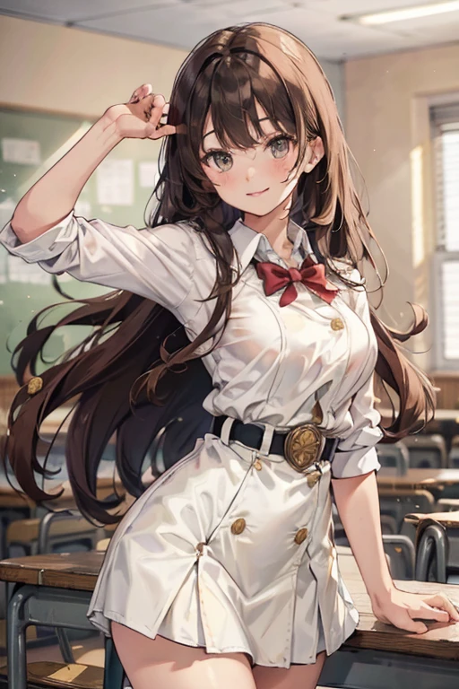 elite school uniform is sheer, button gap,red white gold uniform,(button gap:1.5), white skirt, white top, red ribbon, golden buttons, golden shoulder pats, young adult, 19 years, brown long hair, brown eyes, beautiful brown eyes, big breast, striking body curves, horny smile, pink lips, tiny girl, cute pose, masterpiece, classroom background, school