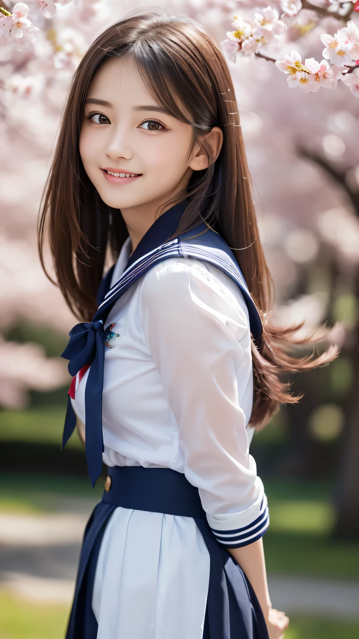 1 girl, (highly detailed eyes, highly detailed face), Search Smile, (sailor suit, pleated mini skirt), chest, (highest quality:1.4), RAW photo, (surreal), (realistic:1.4), professional photography, cinematic light, Cherry tree, spring, sunny, Depth of bounds written,