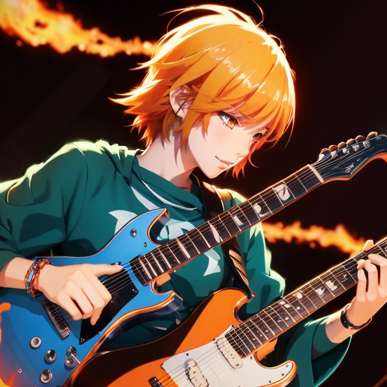 anime illustration、A woman who burns in battle、guitar、Short hair with calm color、orange layer on the side of the hair、black clothes、He has a blue bracelet on his left hand.、