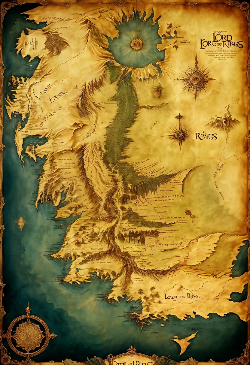 a Map of Middle-earth, movie "The Lord of the Rings", by Leonardo, parchment, fantasy art, panoramic, Ultra high saturation, (best quality, masterpiece, Representative work, official art, Professional, 8k)