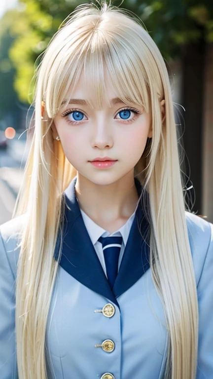 Portrait、school uniform、shy and bright look、ponytail、Young, shiny, white and bright skin、best beauty、The reflected light of blonde hair changes depending on the light source、super long hair、Platinum blonde hair with dazzling highlights、Shiny and bright blonde hair、super long silky straight hair、small face beauty、Shining beautiful bangs、Very beautiful, shining, clear, big light blue eyes、very big eyes、very beautiful lovely cute 16 year old girl、rich bust、round face