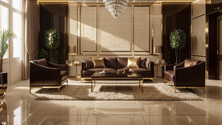 Create for me a simulated image of a luxurious and modern living room decorated to welcome the new year, with large format floor tiles, Light combined with harmonious interior highlights the beauty and shine of the floor tiles. The room does not use carpet, highlight bricks.