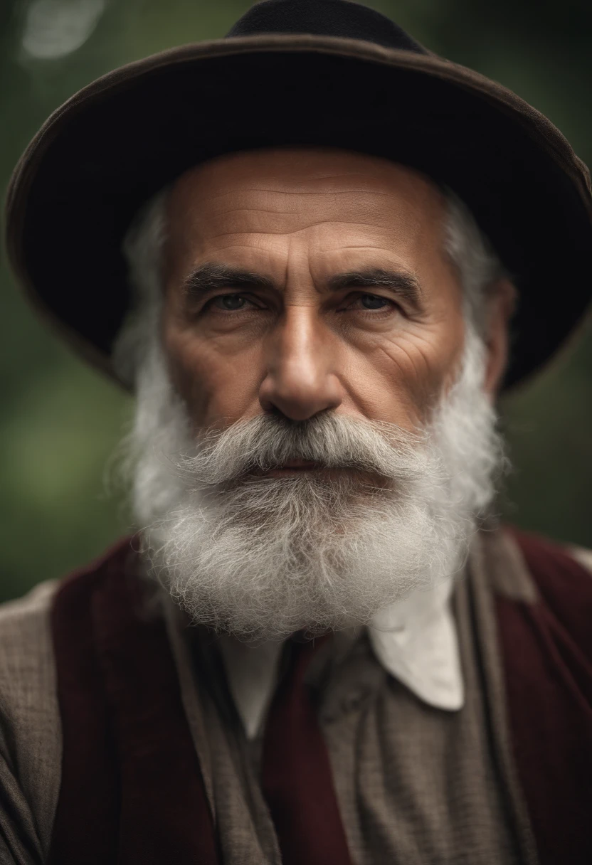 The image features an older man, a long white beard and mustache, He has a stern expression, giving the impression of a wise and experienced individual. The man's beard and mustache are prominent, adding to his distinguished appearance. The close-up shot of the man's face emphasizes his facial features and the intensity of his gaze.