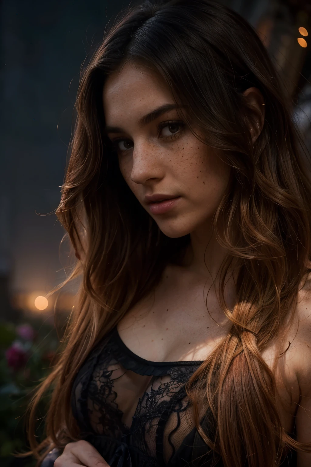 photo of beautiful 26 y.o woman, 4k uhd, high quality, dramatic, cinematic, (long flowy (ombre hair:1.2)), (freckles:1.2), imaginary floral patterns, swarms, misty of fragrance, noticeable, the bird seed in her hands, growing into birds, giants shelter her body, intricate ornate structure, radiating, the night sky, deep dark shadows, hide new seasons, the woman is aware and watching us