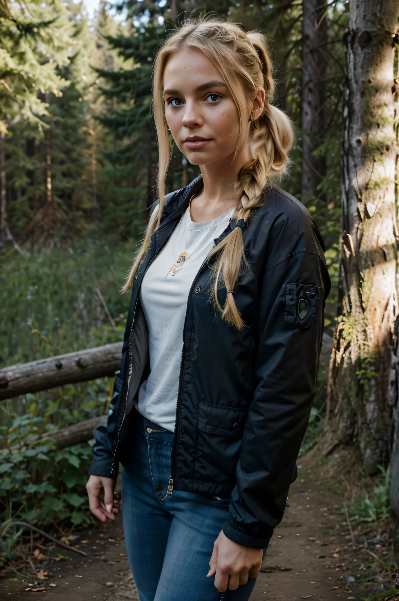 A photorealistic portrait of a 29-year-old American girl, full body, dirty_blonde_hair_ponytail, striking_blue_eyes, outside hiking Oregon, black_jacket